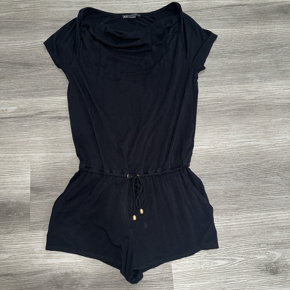 Armani Exchange Black Drawstring Waist Romper Size M Short Sleeve Draped Neck